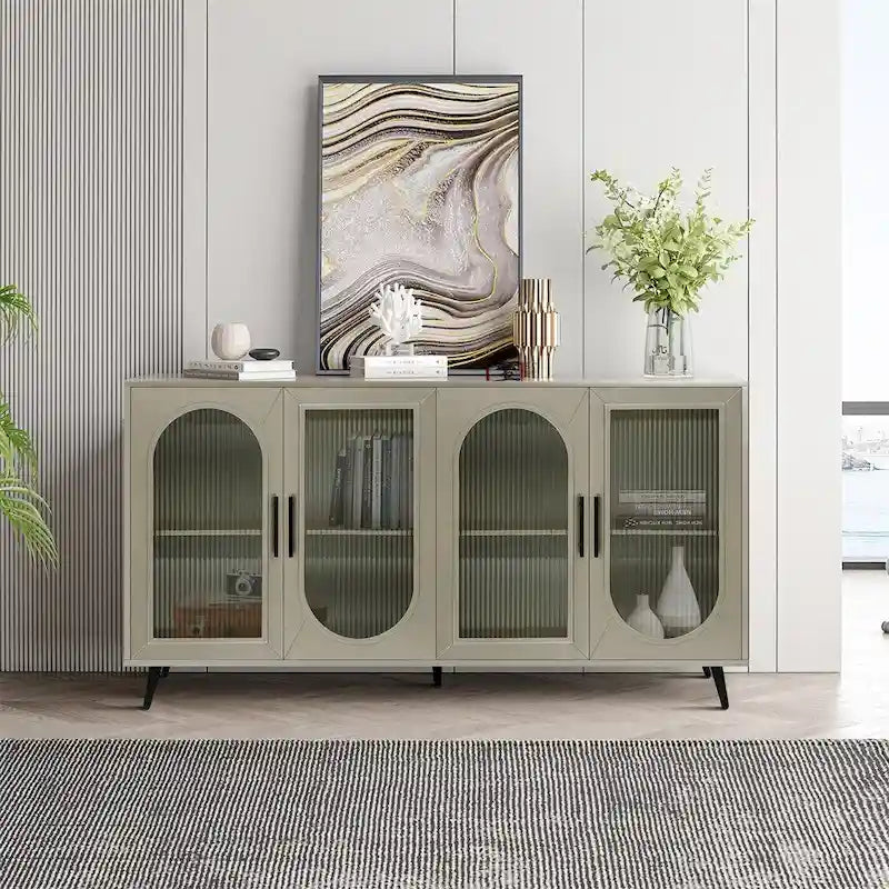 Credenza in Stile Vintage Color Oro Antico con Ante in Vetro, Montaggio per 1 Persona