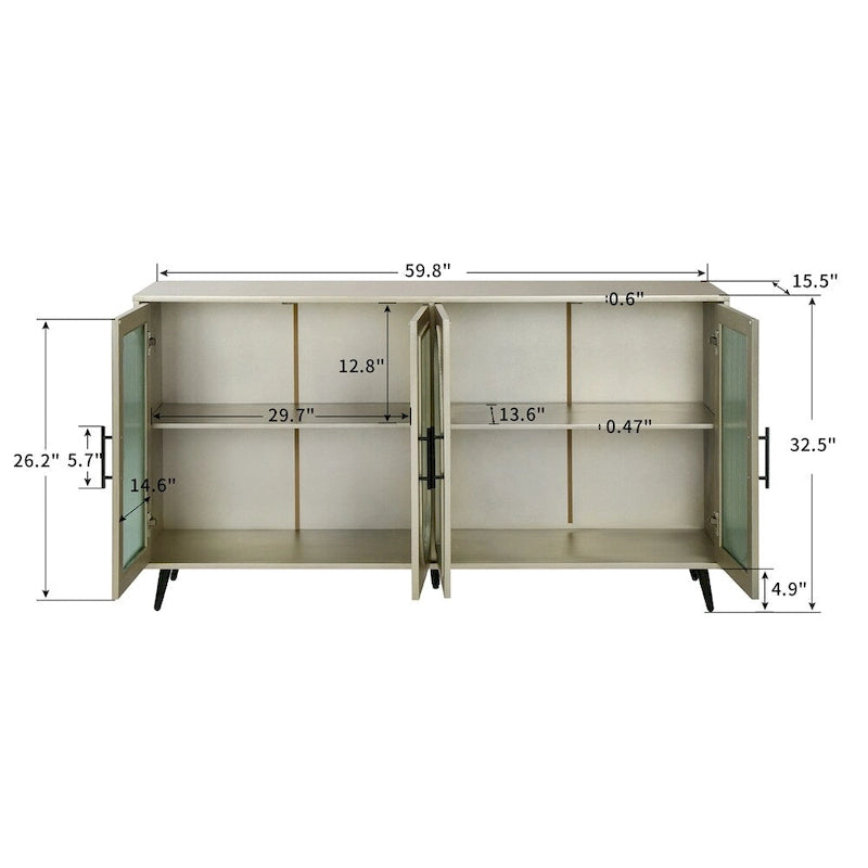 Credenza in Stile Vintage Color Oro Antico con Ante in Vetro, Montaggio per 1 Persona