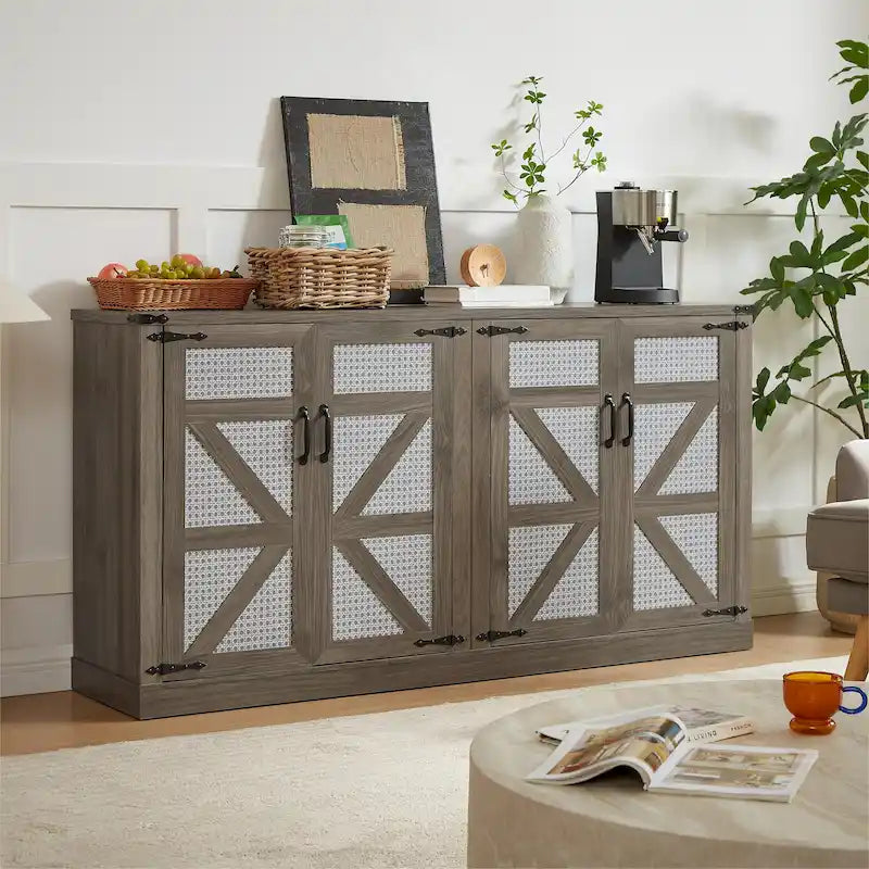 Madia in finto rattan color rovere/grigio pietra con ante a fienile – Montaggio 1 persona