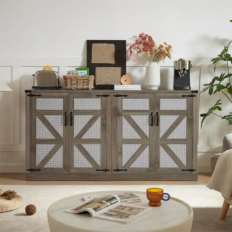 Madia in finto rattan color rovere/grigio pietra con ante a fienile – Montaggio 1 persona