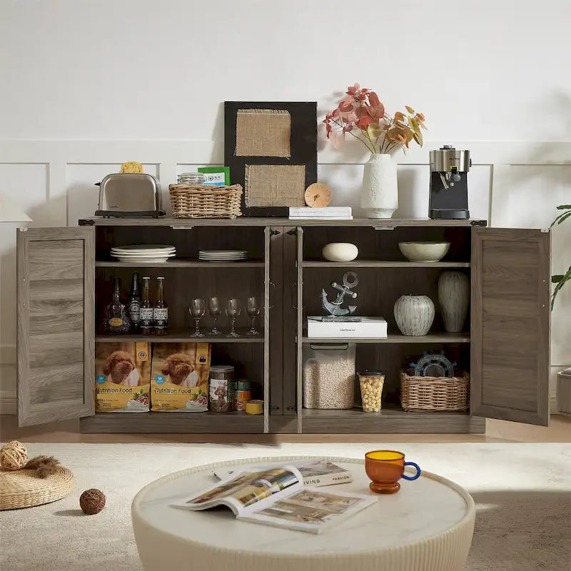 Madia in finto rattan color rovere/grigio pietra con ante a fienile – Montaggio 1 persona