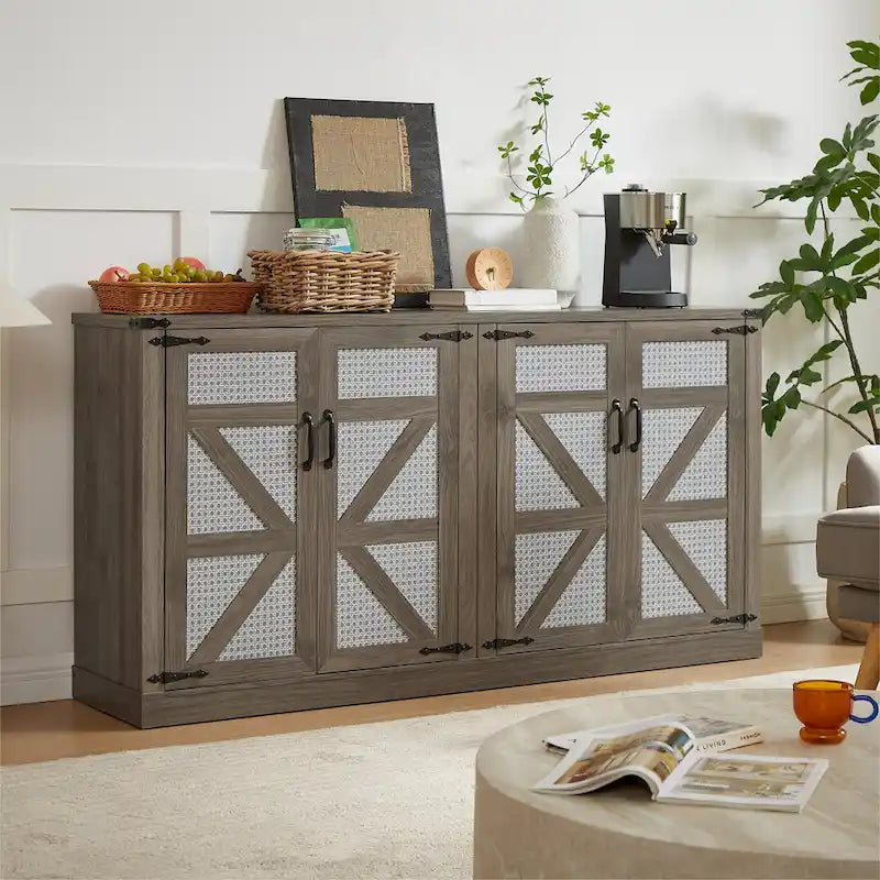 Madia in finto rattan color rovere/grigio pietra con ante a fienile – Montaggio 1 persona