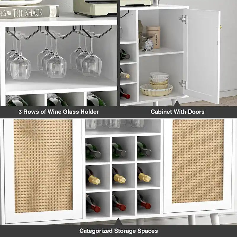 Madia/Buffet a 2 ante in bianco e rattan con portabottiglie e portacalici