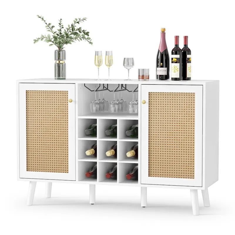 Madia/Buffet a 2 ante in bianco e rattan con portabottiglie e portacalici