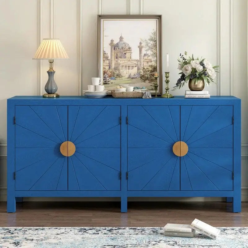 Credenza a 4 ante blu notte / nera con motivo a linee radiali, impiallacciatura in frassino