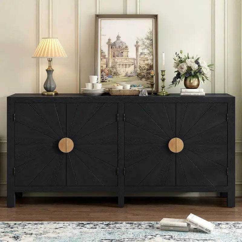 Credenza a 4 ante blu notte / nera con motivo a linee radiali, impiallacciatura in frassino