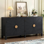 Credenza a 4 ante blu notte / nera con motivo a linee radiali, impiallacciatura in frassino