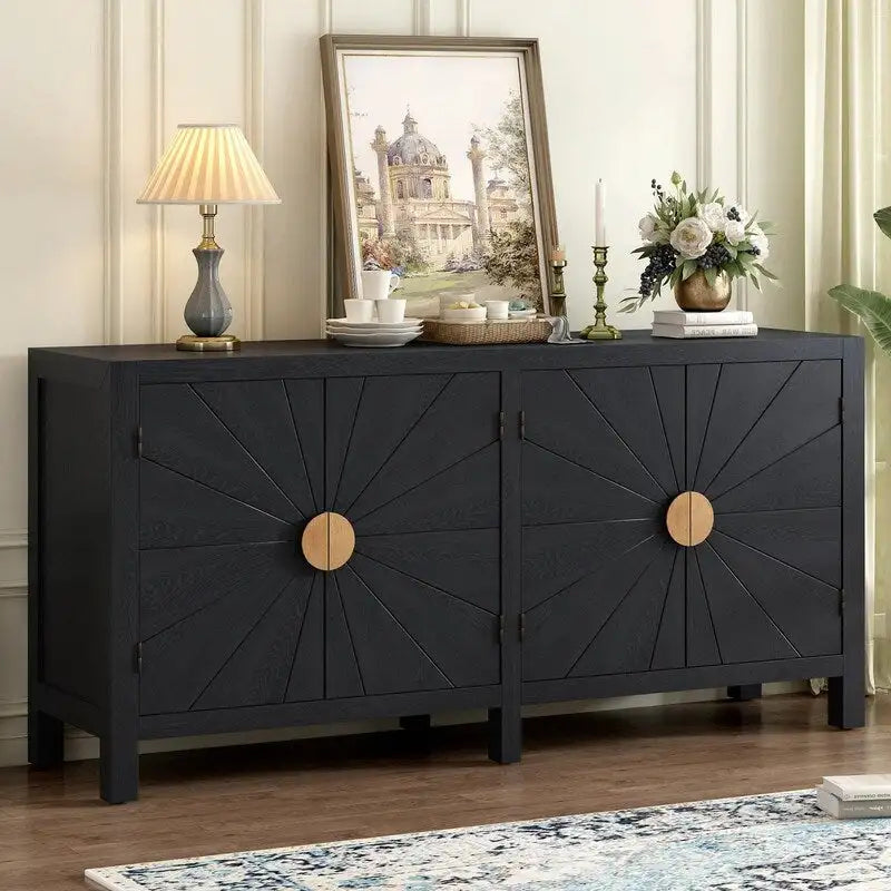 Credenza a 4 ante blu notte / nera con motivo a linee radiali, impiallacciatura in frassino