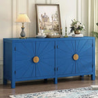 Credenza a 4 ante blu notte / nera con motivo a linee radiali, impiallacciatura in frassino
