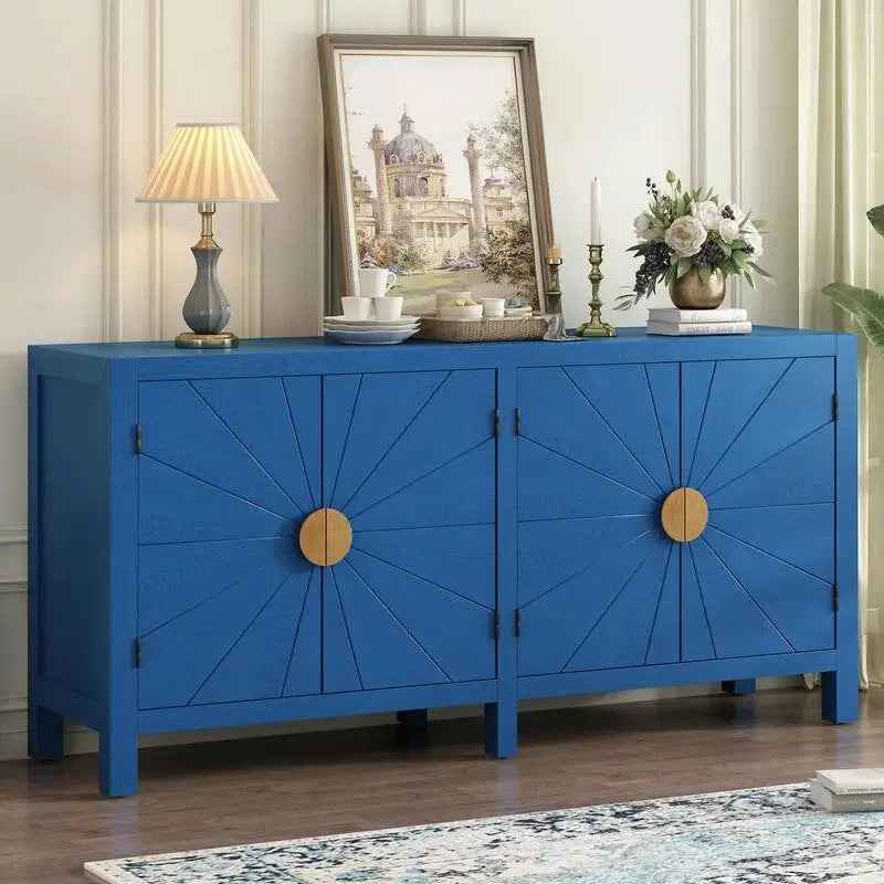 Credenza a 4 ante blu notte / nera con motivo a linee radiali, impiallacciatura in frassino