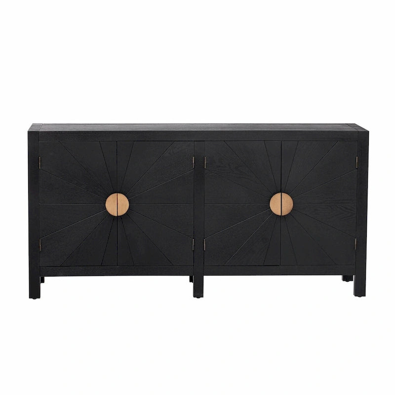 Credenza a 4 ante blu notte / nera con motivo a linee radiali, impiallacciatura in frassino