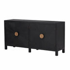 Credenza a 4 ante blu notte / nera con motivo a linee radiali, impiallacciatura in frassino
