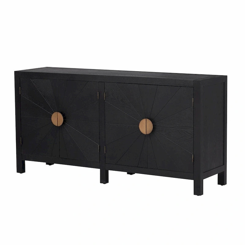 Credenza a 4 ante blu notte / nera con motivo a linee radiali, impiallacciatura in frassino