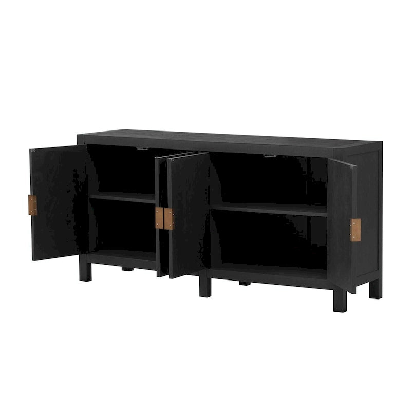 Credenza a 4 ante blu notte / nera con motivo a linee radiali, impiallacciatura in frassino