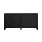 Credenza a 4 ante blu notte / nera con motivo a linee radiali, impiallacciatura in frassino