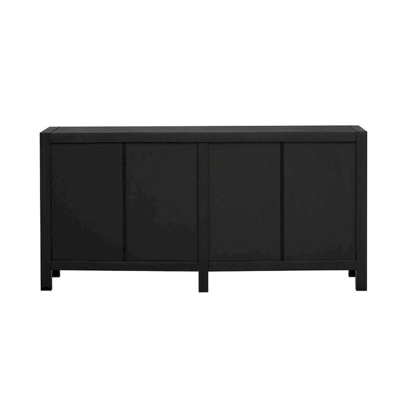 Credenza a 4 ante blu notte / nera con motivo a linee radiali, impiallacciatura in frassino
