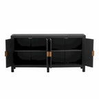 Credenza a 4 ante blu notte / nera con motivo a linee radiali, impiallacciatura in frassino