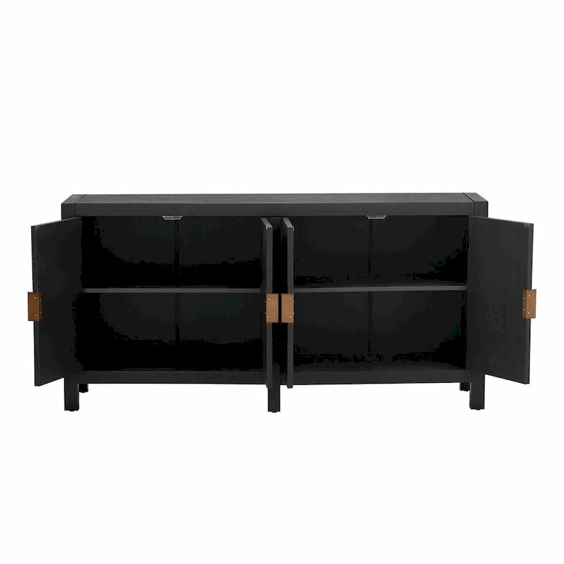Credenza a 4 ante blu notte / nera con motivo a linee radiali, impiallacciatura in frassino