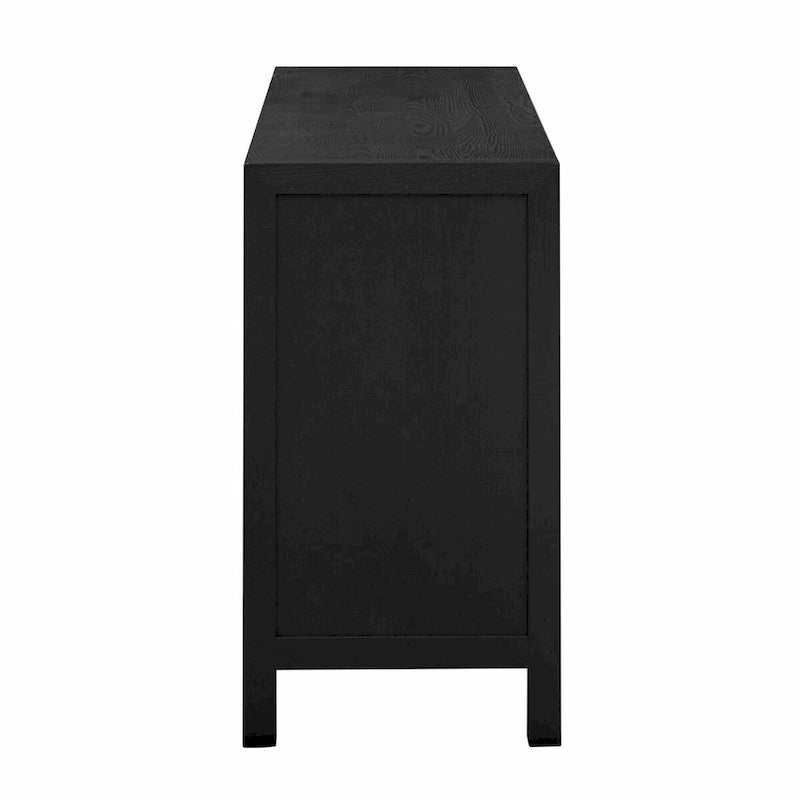 Credenza a 4 ante blu notte / nera con motivo a linee radiali, impiallacciatura in frassino