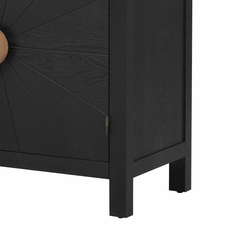 Credenza a 4 ante blu notte / nera con motivo a linee radiali, impiallacciatura in frassino
