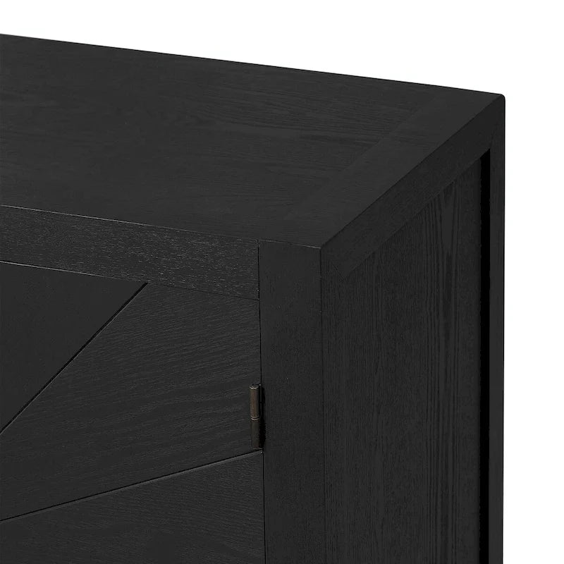 Credenza a 4 ante blu notte / nera con motivo a linee radiali, impiallacciatura in frassino