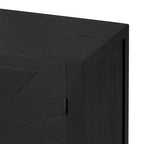Credenza a 4 ante blu notte / nera con motivo a linee radiali, impiallacciatura in frassino