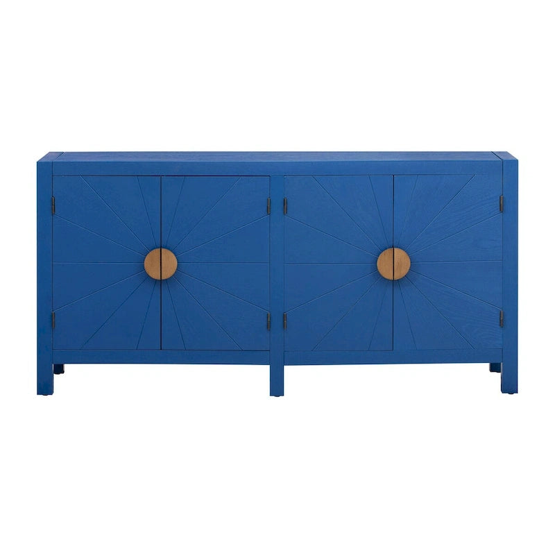 Credenza a 4 ante blu notte / nera con motivo a linee radiali, impiallacciatura in frassino