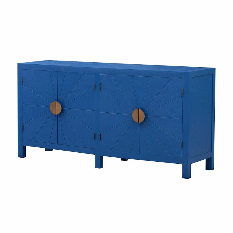 Credenza a 4 ante blu notte / nera con motivo a linee radiali, impiallacciatura in frassino