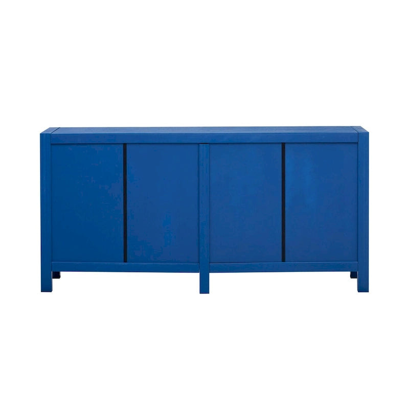 Credenza a 4 ante blu notte / nera con motivo a linee radiali, impiallacciatura in frassino