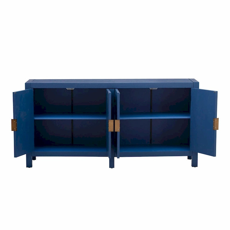 Credenza a 4 ante blu notte / nera con motivo a linee radiali, impiallacciatura in frassino