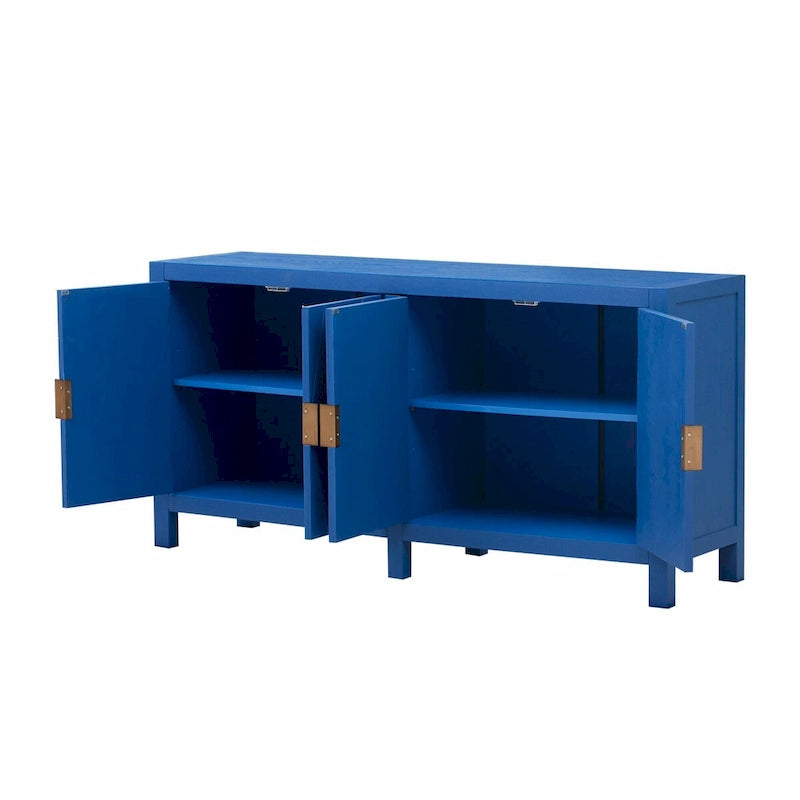 Credenza a 4 ante blu notte / nera con motivo a linee radiali, impiallacciatura in frassino