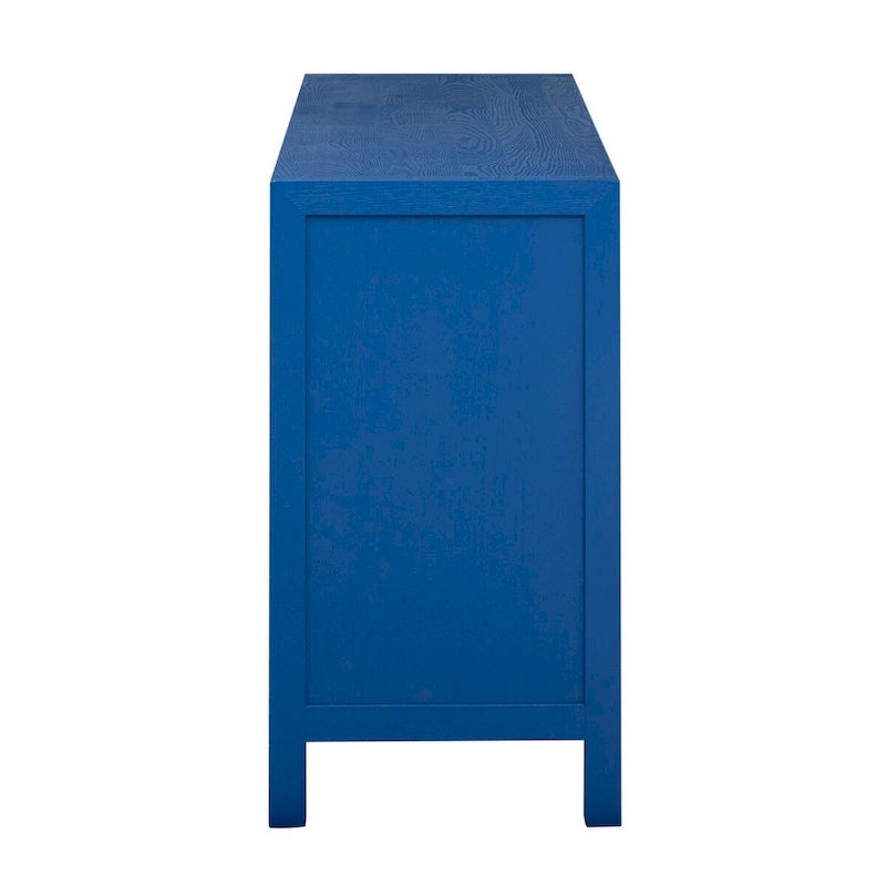 Credenza a 4 ante blu notte / nera con motivo a linee radiali, impiallacciatura in frassino