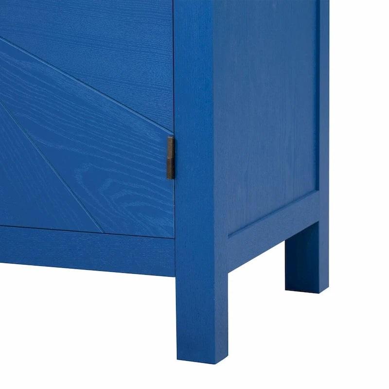 Credenza a 4 ante blu notte / nera con motivo a linee radiali, impiallacciatura in frassino