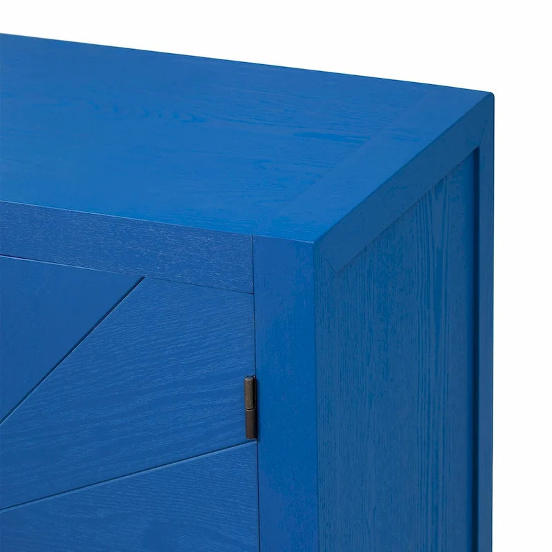 Credenza a 4 ante blu notte / nera con motivo a linee radiali, impiallacciatura in frassino