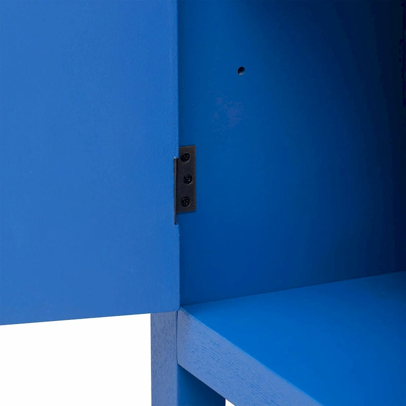 Credenza a 4 ante blu notte / nera con motivo a linee radiali, impiallacciatura in frassino