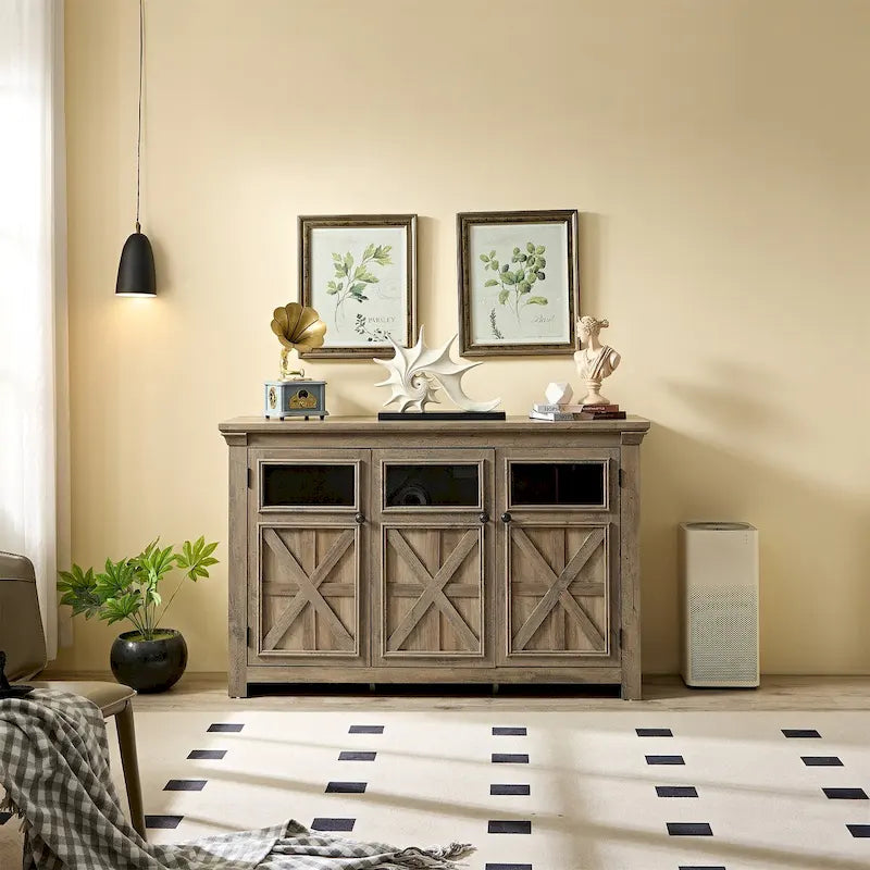 Credenza/Buffet a 3 ante grigio slavato/espresso, assemblaggio da 1 persona