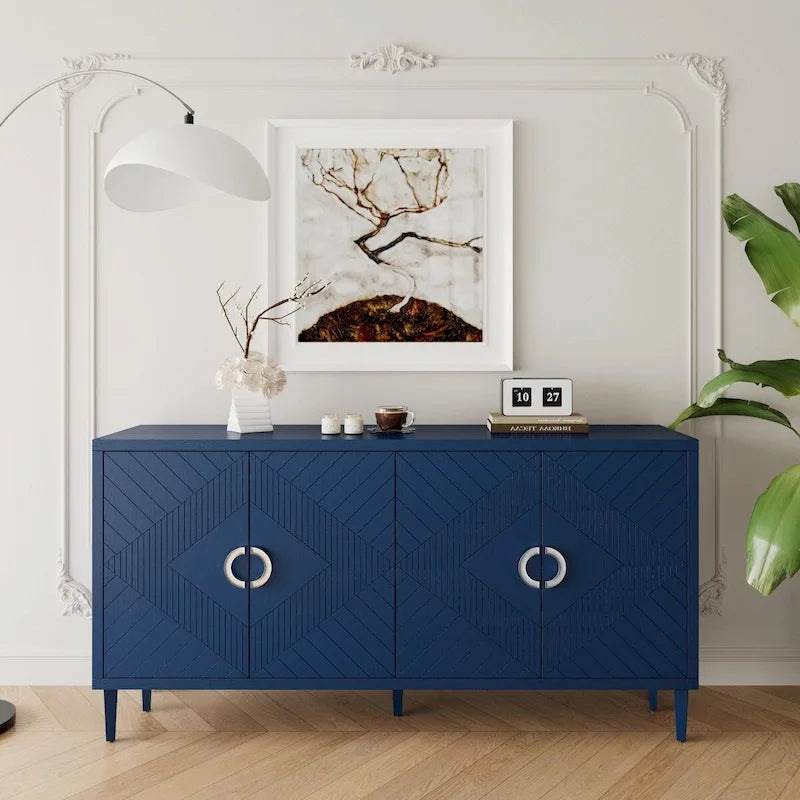 Mobiletto contenitore a 4 ante, gambe in pino, champagne/blu marino