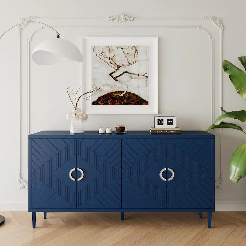 Mobiletto contenitore a 4 ante, gambe in pino, champagne/blu marino