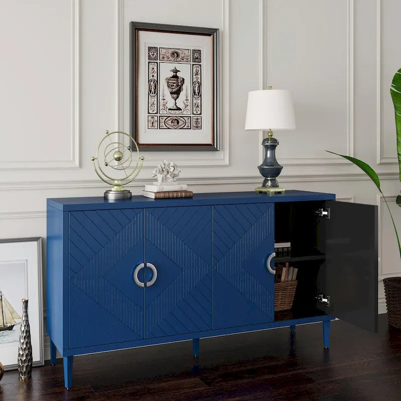 Mobiletto contenitore a 4 ante, gambe in pino, champagne/blu marino