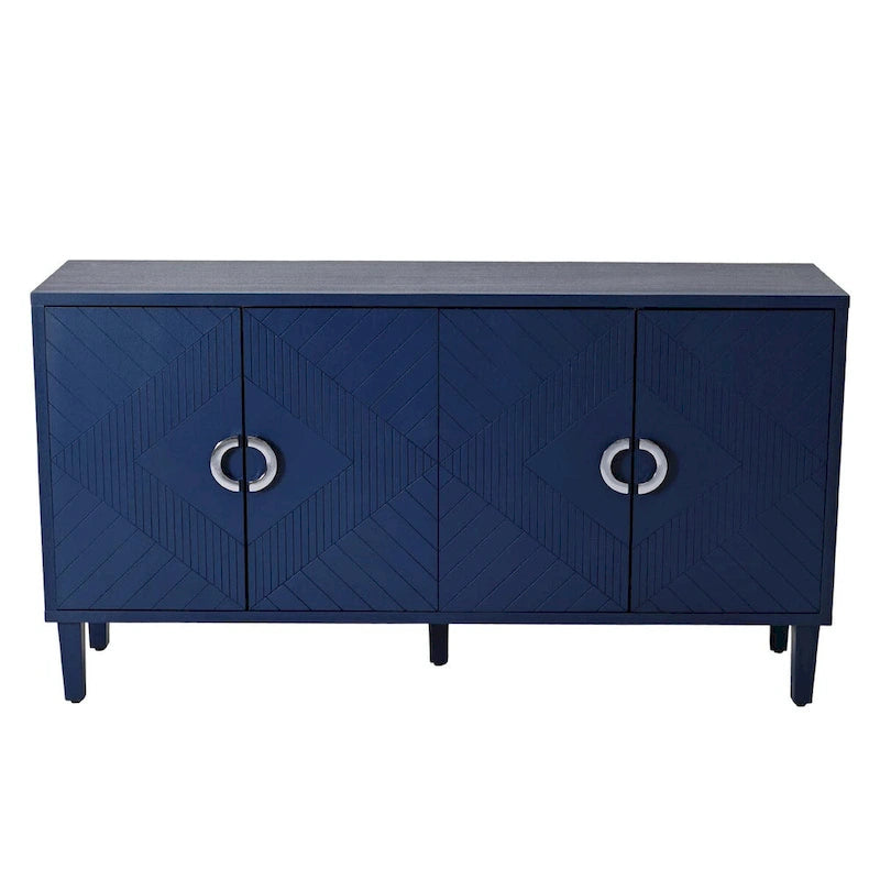 Armário de arrumação com 4 portas, pernas de pinho, champanhe/azul-marinho
