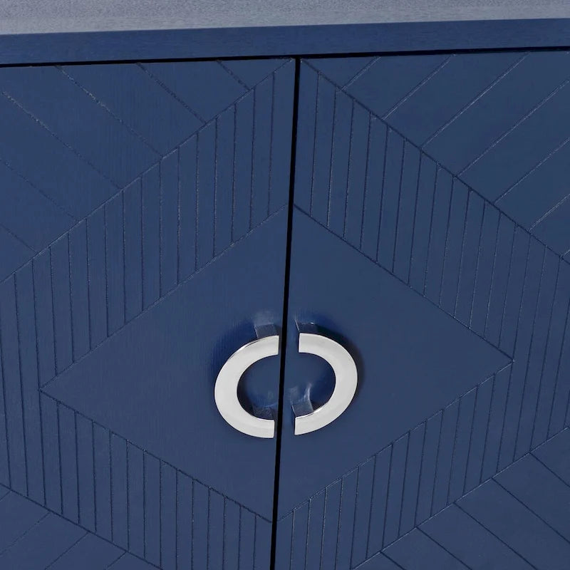Armário de arrumação com 4 portas, pernas de pinho, champanhe/azul-marinho