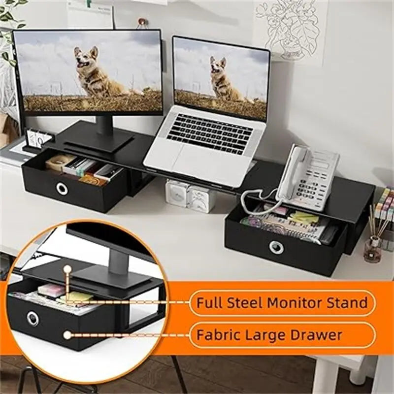 Supporto/rialzo monitor in acciaio nero con cassetti, utente singolo