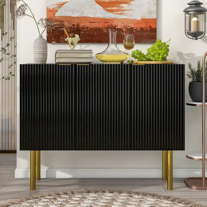 Credenza a 3 ante a righe bianche e nere con gambe dorate - 119.9L x 41.9W x 93H
