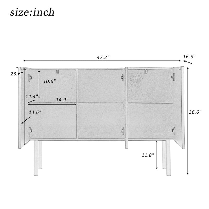 Credenza a 3 ante a righe bianche e nere con gambe dorate - 119.9L x 41.9W x 93H