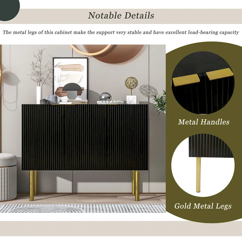 Credenza a 3 ante a righe bianche e nere con gambe dorate - 119.9L x 41.9W x 93H