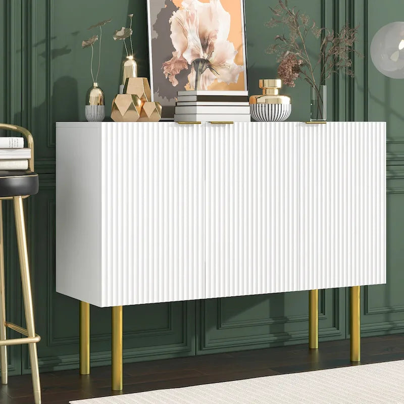 Credenza a 3 ante a righe bianche e nere con gambe dorate - 119.9L x 41.9W x 93H