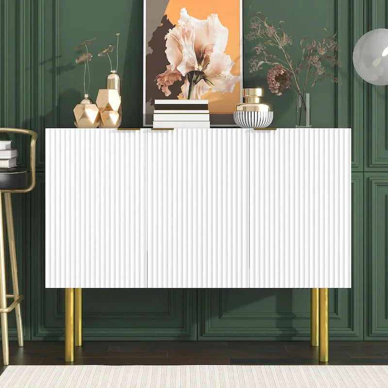 Credenza a 3 ante a righe bianche e nere con gambe dorate - 119.9L x 41.9W x 93H