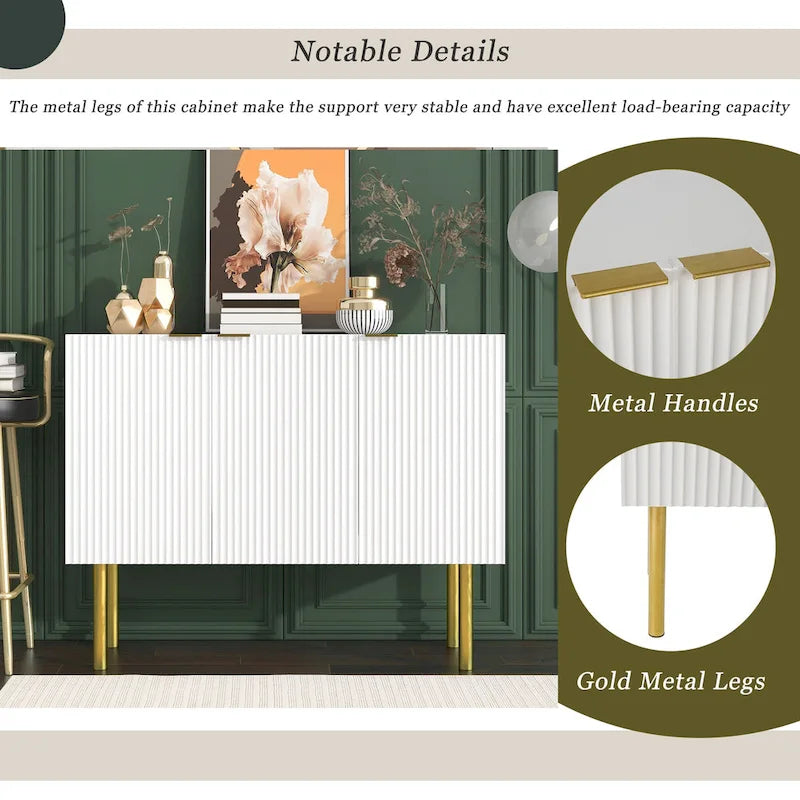 Credenza a 3 ante a righe bianche e nere con gambe dorate - 119.9L x 41.9W x 93H
