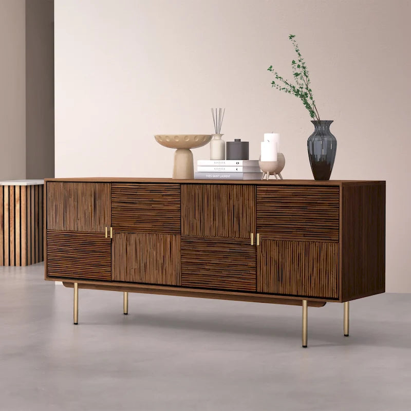 Madia in noce, acacia e rattan, stile Mid-Century
