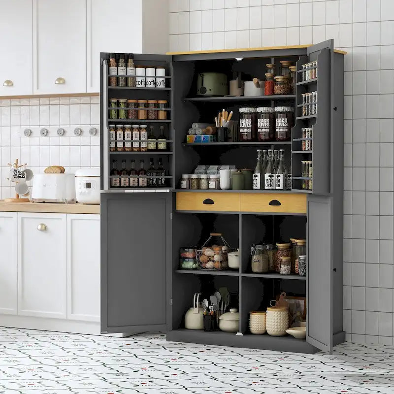 Dispensa da Cucina Autoportante a 4 Ante Grigia/Bianca/Crema con 2 Cassetti e Ripiani Regolabili
